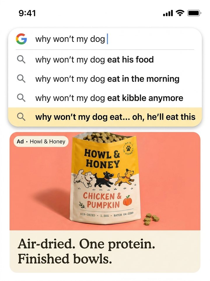 Ad styled as a Google search: why won't my dog eat